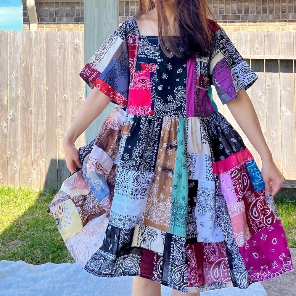 Handmade Rainbow Quilted Bandana Dress – SKU 03186 - Picture 6 of 10